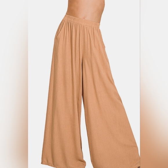 Zenana Pleated Linen Blend Wide Leg Pants - Picture 4 of 5